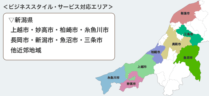 ビジネススタイル・サービス対応エリア　新潟県【上越市・妙高市・柏崎市・糸魚川市・長岡市・新潟市・魚沼市・三条市　他近郊】